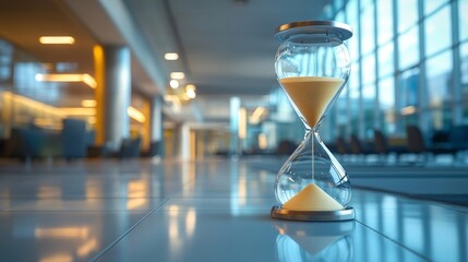 Pressure mounting as a critical business deadline approaches in a bustling corporate environment, with an hourglass and sand clock symbolizing the constant race against time, Generative AI