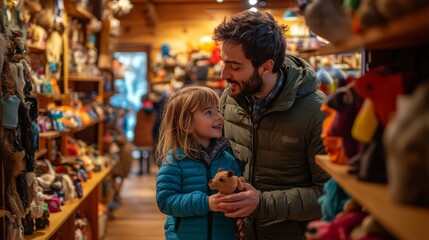 Obraz premium A heartwarming moment shared between a father and daughter in a cozy shop filled with colorful plush toys. They explore joyfully together. Generative AI