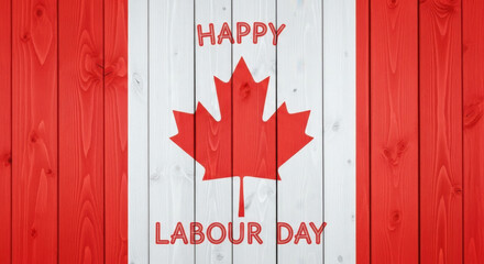 Happy labour day with canada flag and maple leaf on wooden background