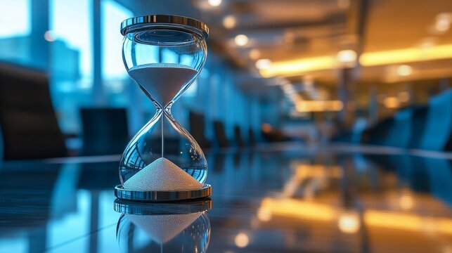 Pressure mounting as a critical business deadline approaches in a bustling corporate environment, with an hourglass and sand clock symbolizing the constant race against time, Generative AI