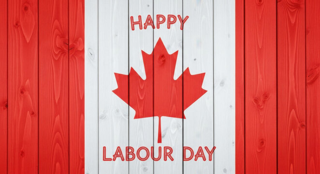 Happy labour day with canada flag and maple leaf on wooden background