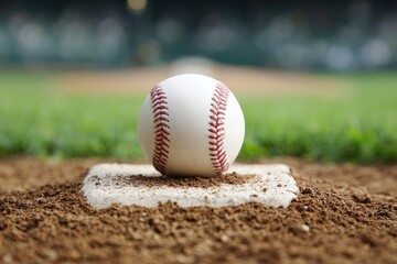 Baseball sits on the pitcher's plate.  A close-up view of a white baseball resting on a dirt pitcher's mound. Blurred background shows a baseball field