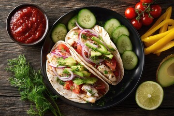 Two fish tacos, topped with avocado, tomato, red onion, and cucumber slices, on a dark plate.