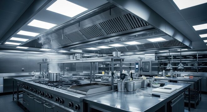 Commercial kitchen with stainless steel surfaces, extractor fan, and overhead lighting - Powered by Adobe