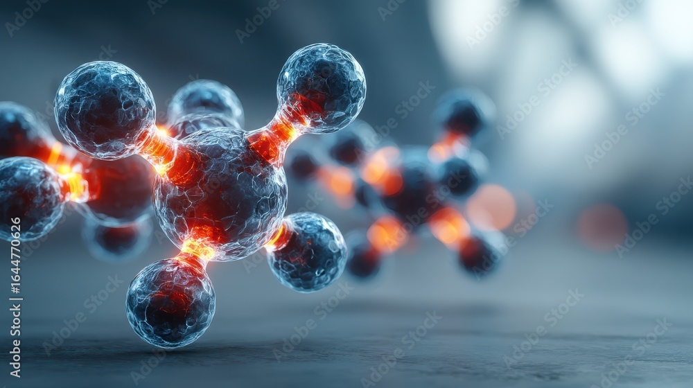 Poster a close-up view of molecular structures with glowing elements, representing scientific concepts and 