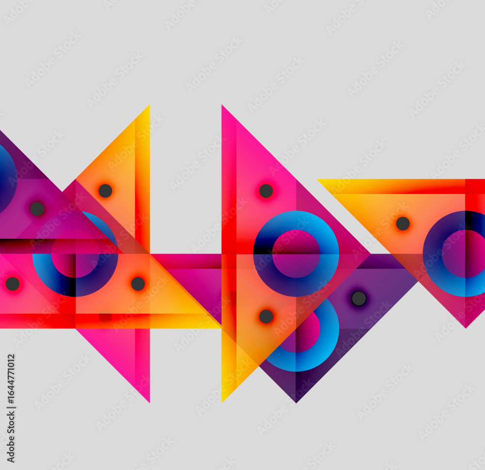 Poster abstract geometric composition. vivid triangles, circles overlap creating dynamic visual effect. bri
