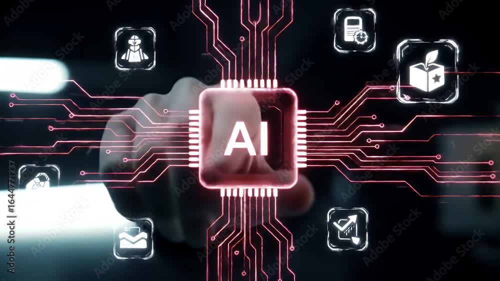 Poster hand touching glowing red ai hub amidst binary code and digital circuit board in dark background