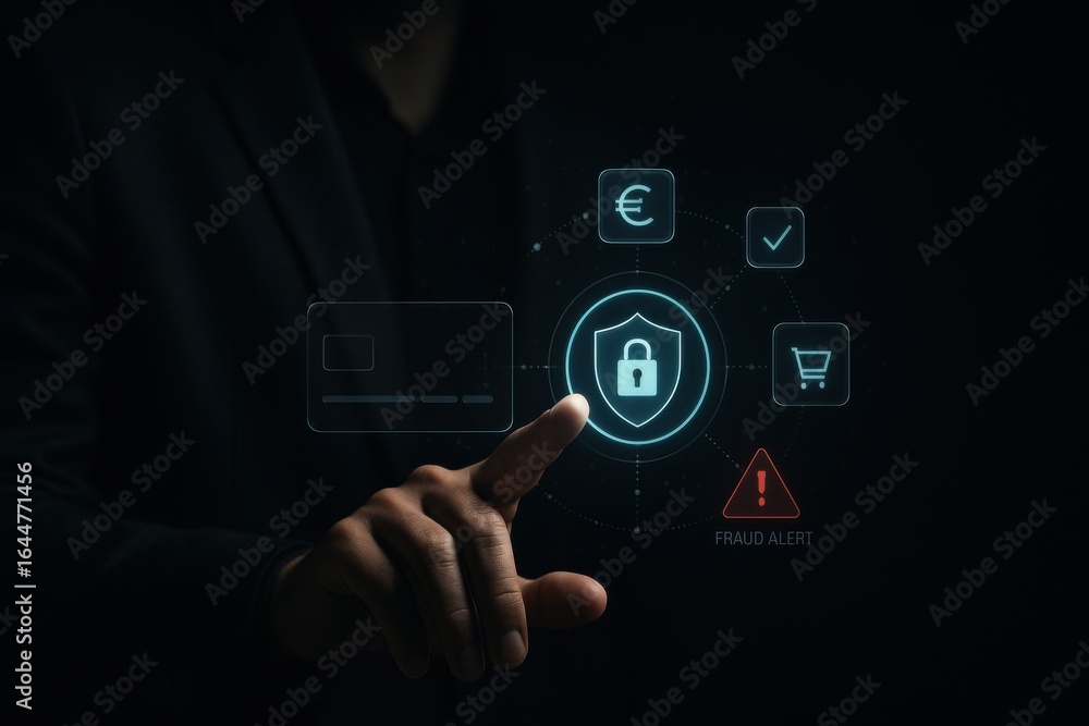 Poster digital payment security system with fraud alert and data protection icons