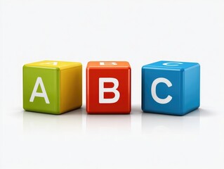 Three colorful blocks, each a different color, displaying a letter of the alphabet.  