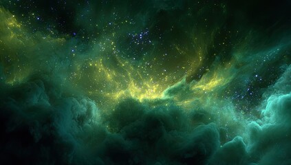 Fototapeta premium Teal and gold nebula swirls with scattered stars, a cosmic landscape of glowing gas and dust, creating a mystical and ethereal scene