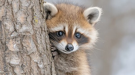 Cute baby raccoon close up against tree trunk