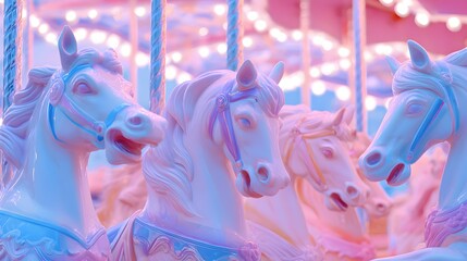 Close-up of pastel-colored carousel horses.
