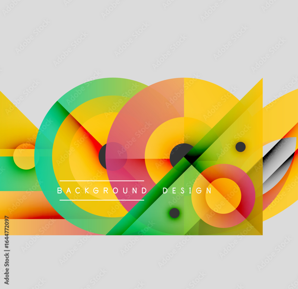 Poster abstract colorful shapes overlap. dynamic composition features circles, triangles, gradients. modern