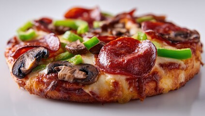 Close-up of a pizza slice with pepperoni, mushrooms, and green peppers