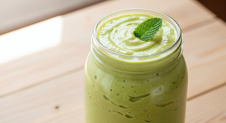 A close up of a green smoothie in a glass jar topped with a mint leaf on a wooden surface table top