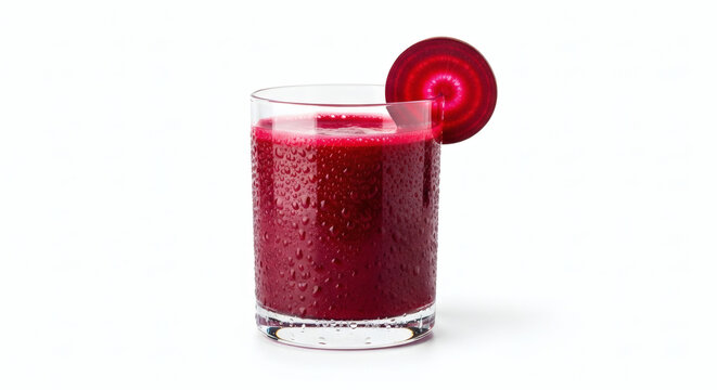 A glass of beet juice with a beet slice on the rim on a white background in a studio shot