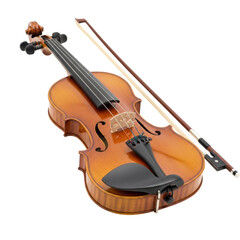Fototapeta premium A finely crafted wooden violin and bow, showcasing the elegance of this string instrument. Perfect for music, arts, and performance related content.