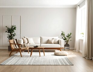 Bright living room with beige sofa, wooden coffee table, and area rug