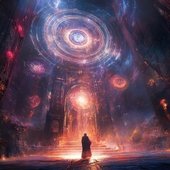 Dreamscape Oracle A mystical oracle surrounded by floating symbols and radiant light enigmatic and visionary