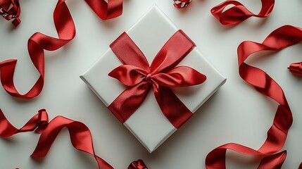 Red White Minimalist E-commerce Banner: Left Open Gift Box Red Ribbon Decoration, White Square Space, Solid Background HD Top View Commercial Application