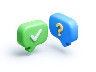 Two 3D speech bubbles, one green with a white checkmark, the other blue with a yellow question mark, on a white background