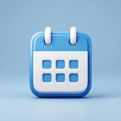 3D rendered, light-blue calendar icon.  Simple, square, with white grid