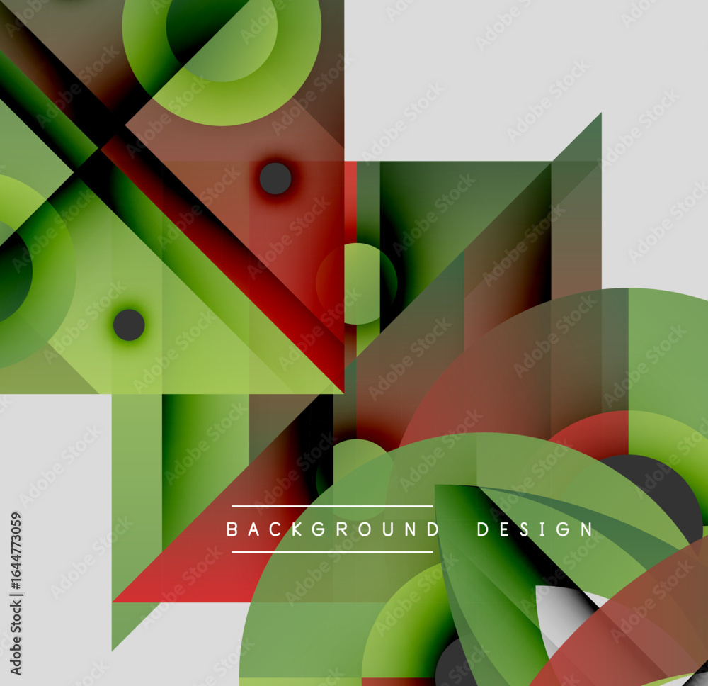 Poster abstract geometric composition. overlapping shapes create dynamic visual effect. green, red, gray to