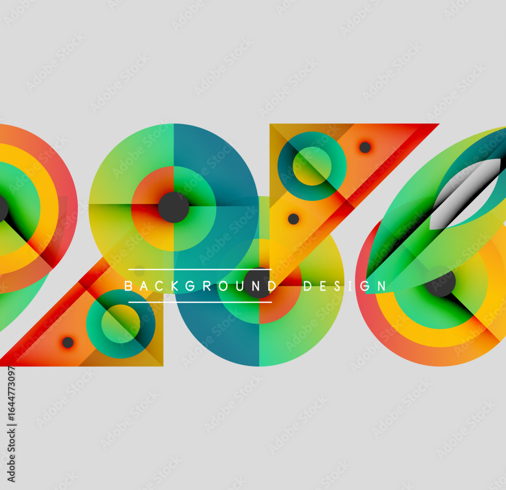 Poster colorful abstract design featuring number 23 percent. geometric shapes overlap creating vibrant visu