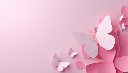 Pastel pink background with delicate paper butterflies and petals