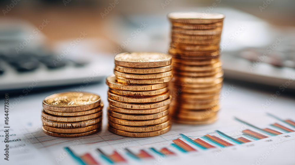 Poster stacked gold coins on financial documents with charts and calculator in background, representing wea
