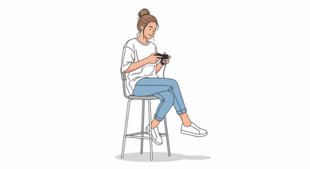 Digital Illustration of a Young Woman Engaged with a Smartphone, Suitable for Depicting Modern Lifestyle and Mobile Technology Use