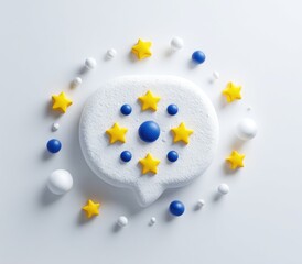 A white speech bubble, encircled by yellow stars and blue dots, sits on a white background.  Surrounding the bubble are smaller, varied-sized, white and blue spheres