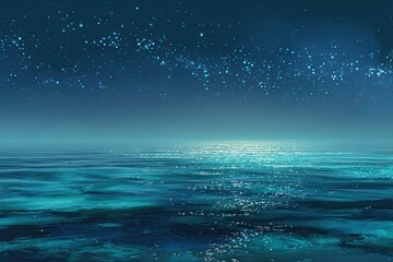 Serene nightscape featuring a starlit, deep blue sky reflected on a calm, teal ocean; subtle glow near horizon
