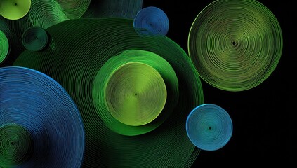 Abstract layered circles in vibrant green and blue, swirling patterns on a black background