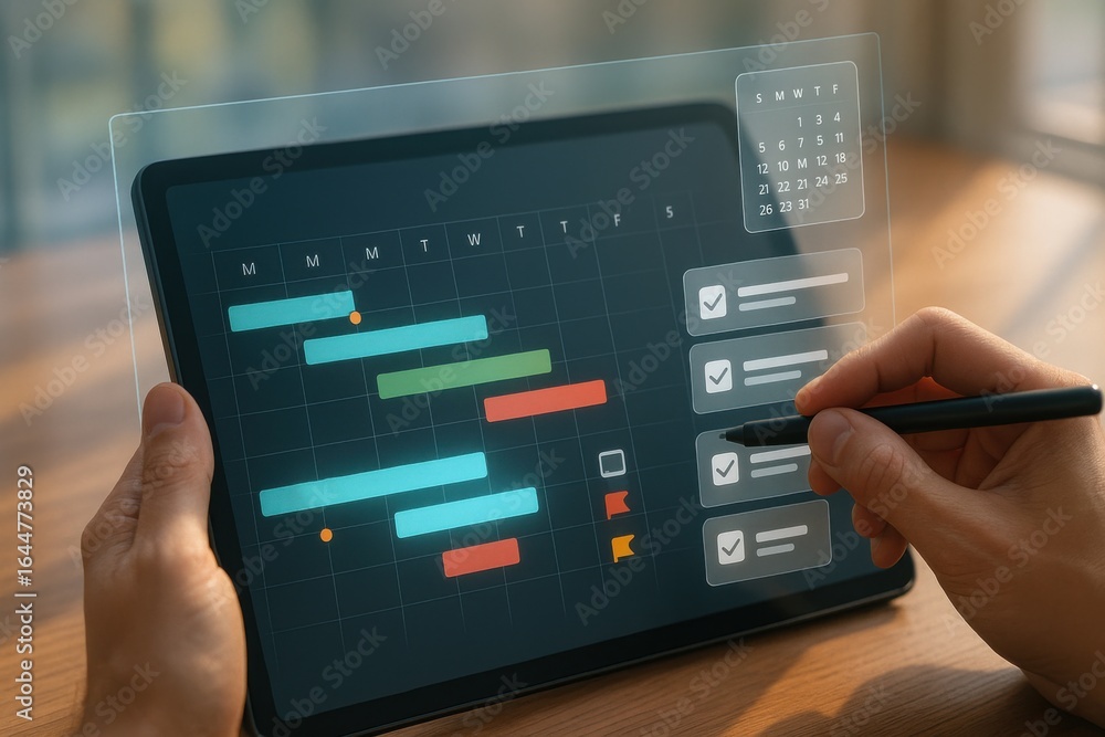 Poster project gantt chart dashboard on tablet with task progress and deadlines