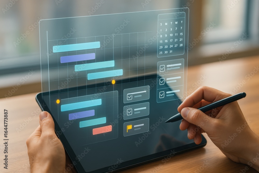 Aufkleber digital project timeline and gantt chart dashboard with task checklist on tablet