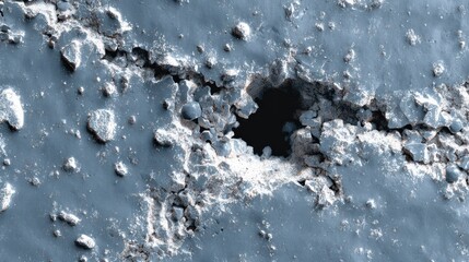 Cracked, cratered grey surface with a dark hole