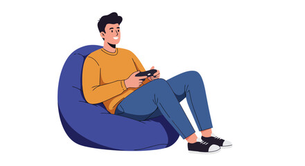 Relaxed Gamer Enjoying Video Games on Beanbag Chair. Perfect for illustrating leisure activities, digital entertainment, and modern lifestyle concepts with a minimalist design.