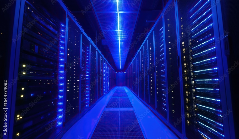 Poster high-tech data center with glowing blue server cabinets in a dark room, illuminated by led lights, s