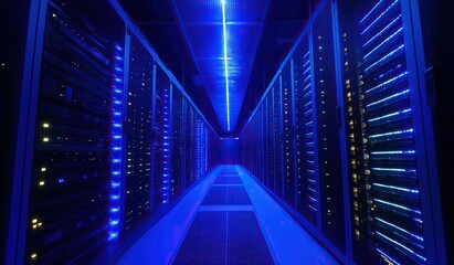 High-tech data center with glowing blue server cabinets in a dark room, illuminated by LED lights, symbolizing advanced cloud computing and big data processing technology