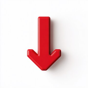Red down arrow icon on white background.  A bold, three-dimensional, red arrow points downwards.  The arrow has a slightly textured, blocky form.  Bright white background isolates the arrow