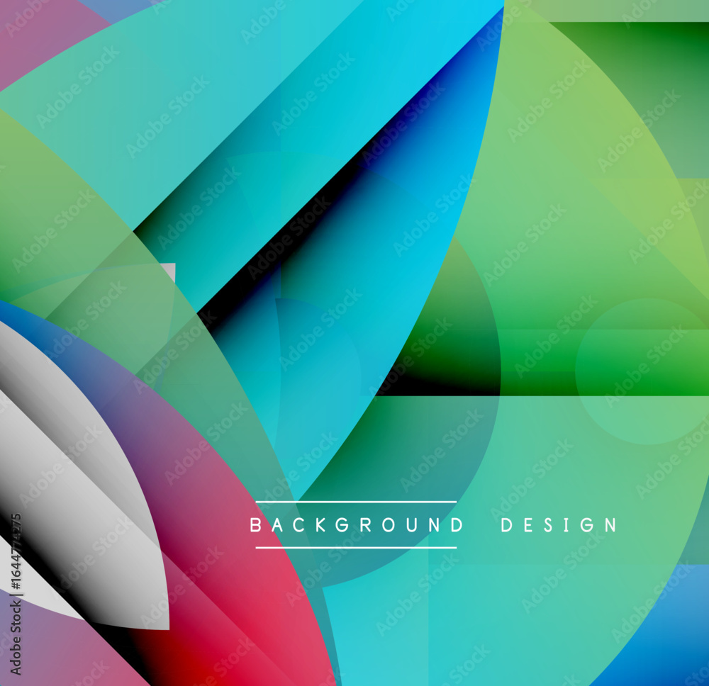 Poster abstract geometric shapes overlap. vibrant colors blend, creating dynamic visual effect. modern desi