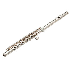Fototapeta premium A shiny silver flute, a classical woodwind instrument, used in orchestras and bands. Perfect for music related projects.