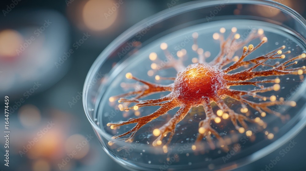 Poster a detailed depiction of a vibrant cell structure in a petri dish, showcasing intricate details and g