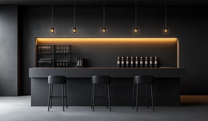 Minimalist black bar with hanging lights and open wine shelf, featuring dark gray concrete walls and three high stools in a sleek modern interior concept