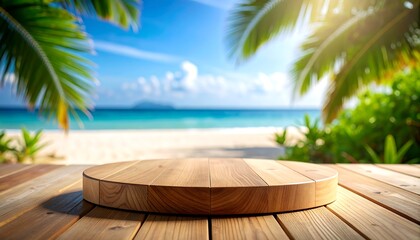Round wooden display on a deck overlooking a tropical beach scene