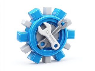 3D rendered icon, a blue gear with two crossed wrenches.  The gear is composed of  light gray and blue, cubic segments.  The wrenches are light gray and dark gray.  Isolated on a white background