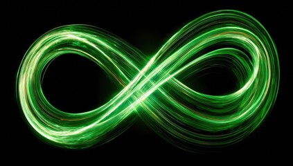 Abstract infinity symbol, vibrant green light trails on black
