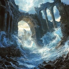 Dreamtide Surreal waves of liquid light washing over a landscape of ethereal ruins fluid and poetic