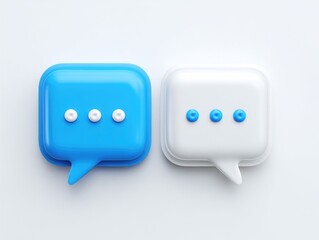 Two 3D rendered speech bubbles, one blue, one white, sit side-by-side on a plain white background.  